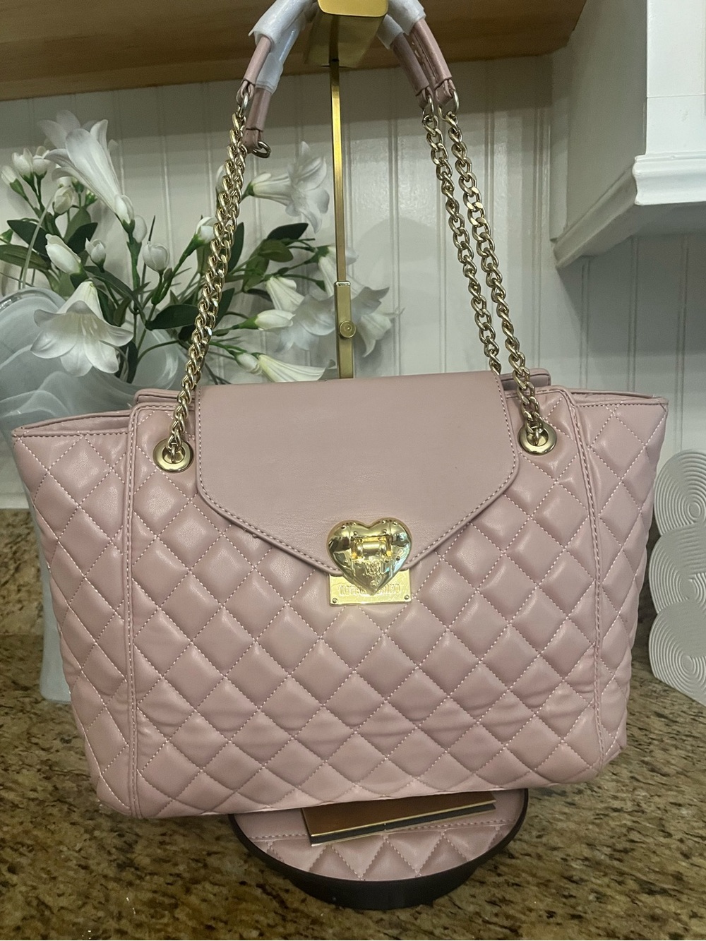 Love MOSCHINO Quilted Pink Heart-Closure shoulder/Tote Bag